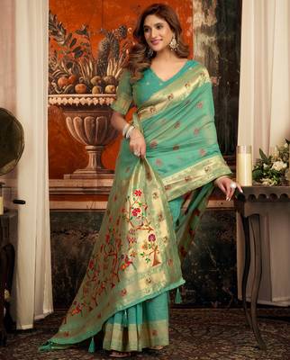sea green zari woven kota paithani traditional saree with blouse 2