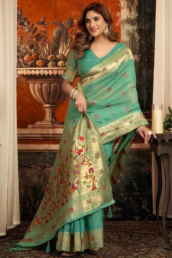 sea green zari woven kota paithani traditional saree with blouse