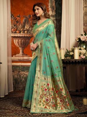 sea green zari woven kota paithani traditional saree with blouse 3