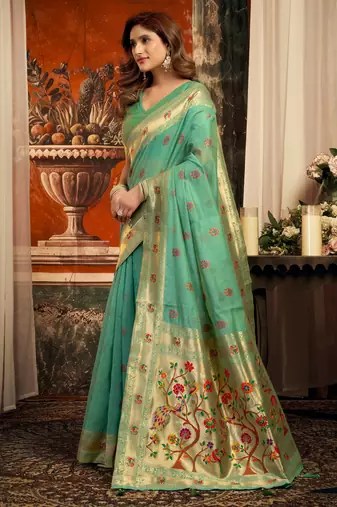 sea green zari woven kota paithani traditional saree with blouse