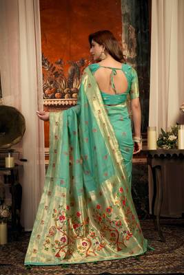 sea green zari woven kota paithani traditional saree with blouse 5