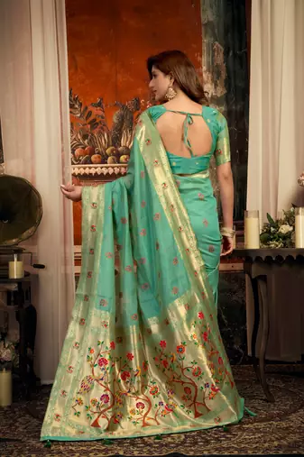 sea green zari woven kota paithani traditional saree with blouse