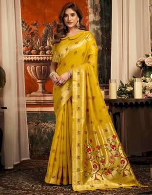 yellow zari woven kota paithani traditional saree with blouse 1