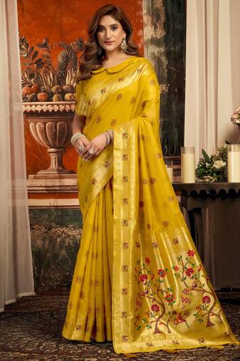 yellow zari woven kota paithani traditional saree with blouse