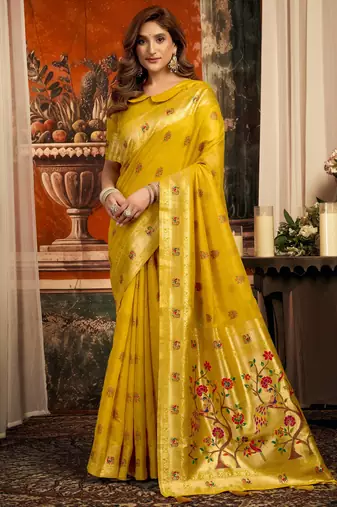 yellow zari woven kota paithani traditional saree with blouse