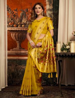 yellow zari woven kota paithani traditional saree with blouse 2