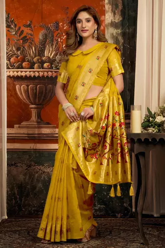 yellow zari woven kota paithani traditional saree with blouse