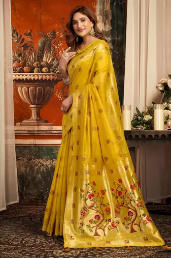 yellow zari woven kota paithani traditional saree with blouse