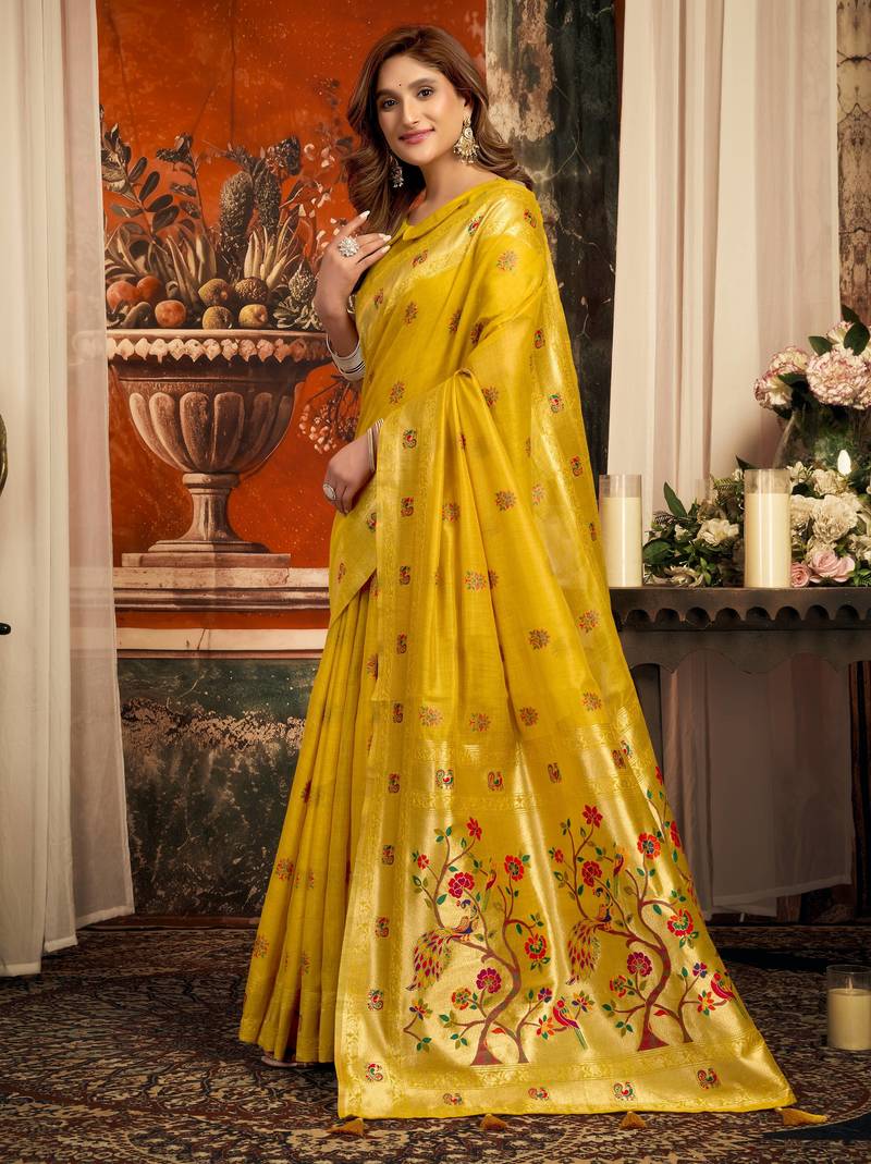 yellow zari woven kota paithani traditional saree with blouse