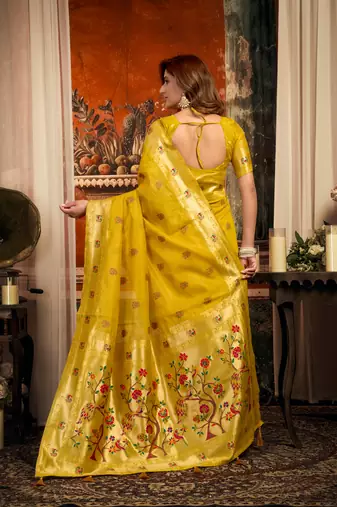 yellow zari woven kota paithani traditional saree with blouse