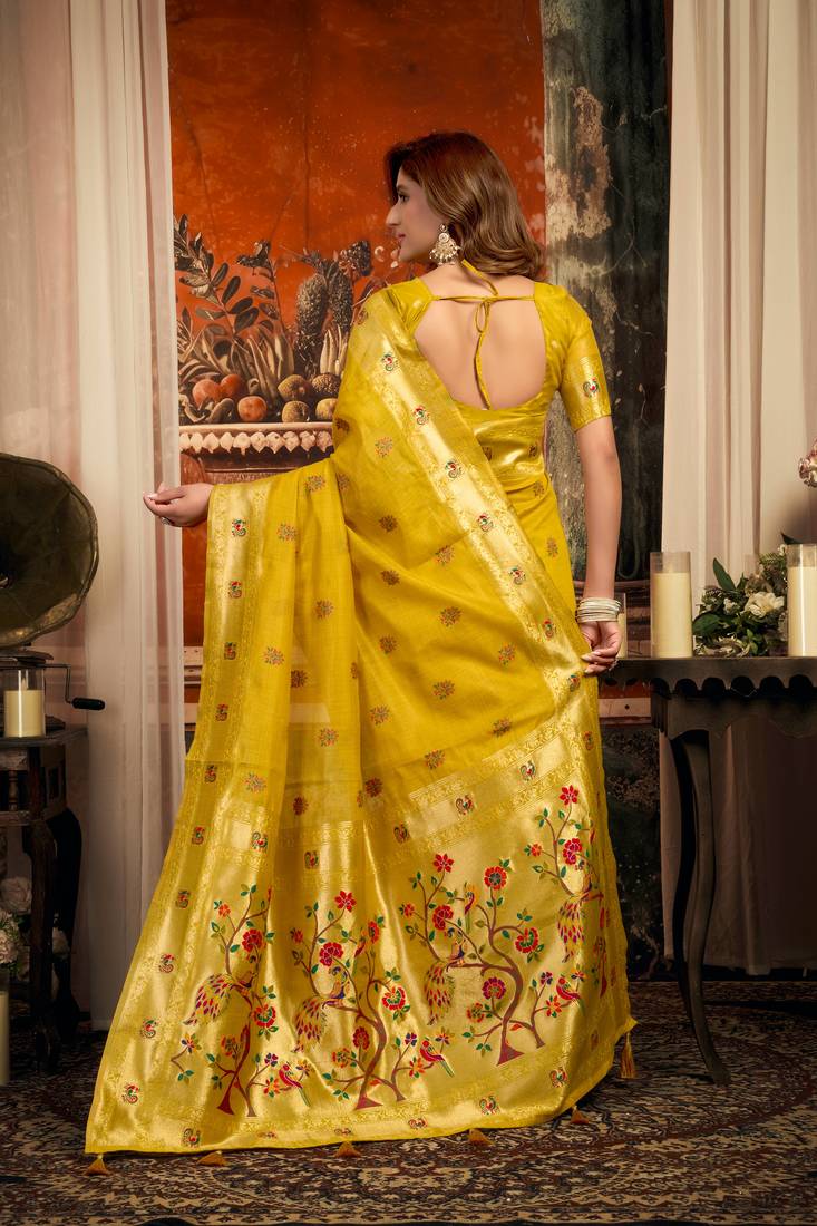 yellow zari woven kota paithani traditional saree with blouse