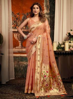 peach zari woven kota paithani traditional saree with blouse 1