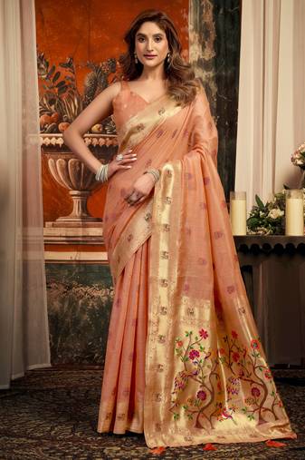 peach zari woven kota paithani traditional saree with blouse