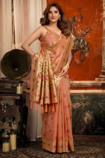 peach zari woven kota paithani traditional saree with blouse
