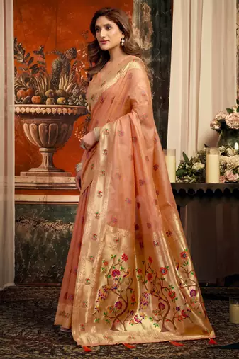 peach zari woven kota paithani traditional saree with blouse