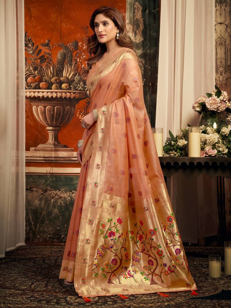 peach zari woven kota paithani traditional saree with blouse