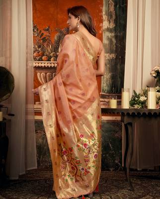 peach zari woven kota paithani traditional saree with blouse 5