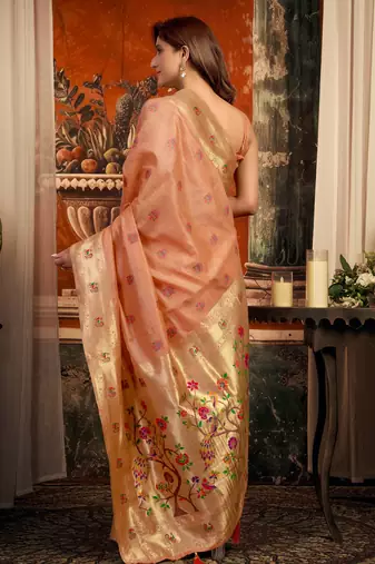 peach zari woven kota paithani traditional saree with blouse