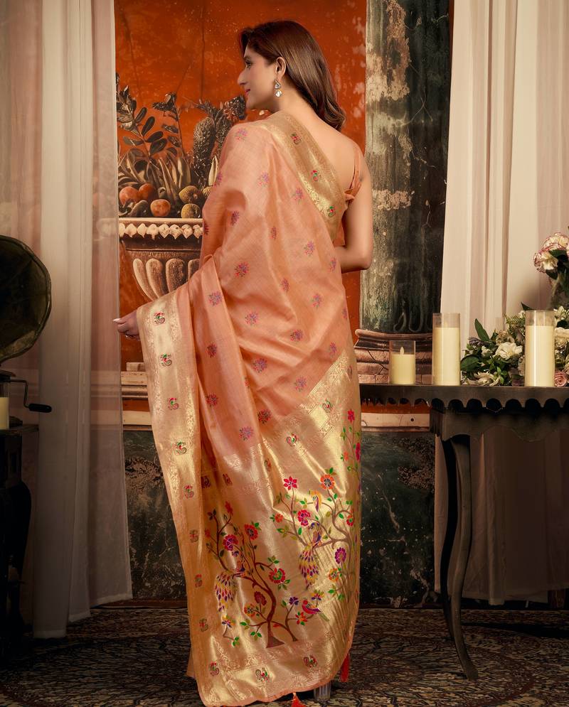 peach zari woven kota paithani traditional saree with blouse