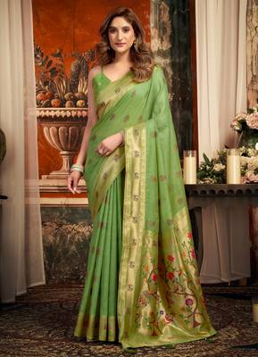 green zari woven kota paithani traditional saree with blouse 1
