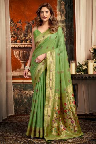 green zari woven kota paithani traditional saree with blouse