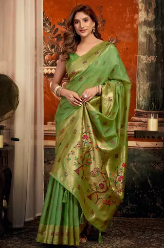 green zari woven kota paithani traditional saree with blouse