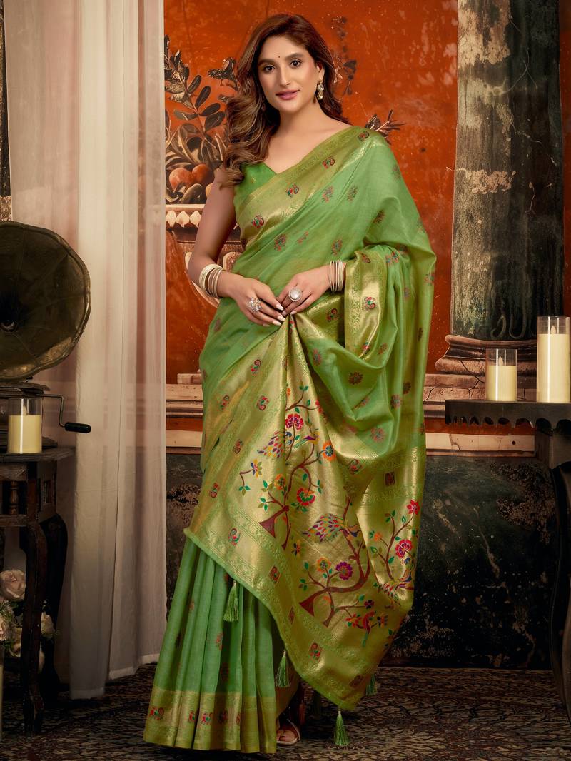 green zari woven kota paithani traditional saree with blouse