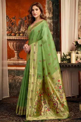 green zari woven kota paithani traditional saree with blouse