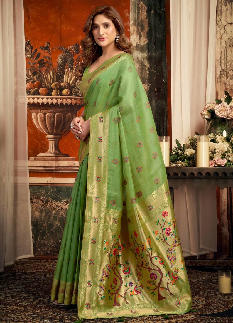 green zari woven kota paithani traditional saree with blouse