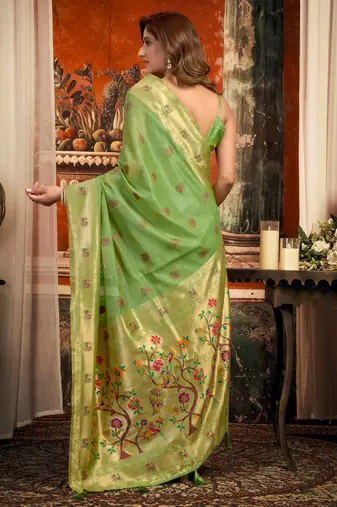 green zari woven kota paithani traditional saree with blouse