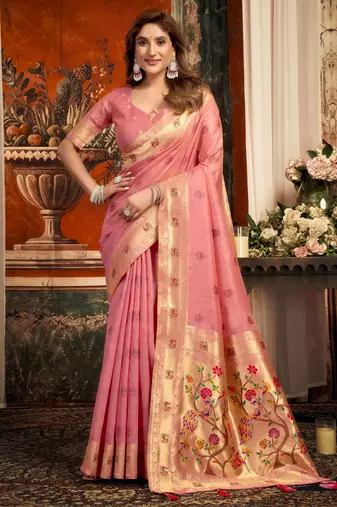 pink zari woven kota paithani traditional saree with blouse