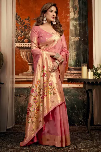 pink zari woven kota paithani traditional saree with blouse