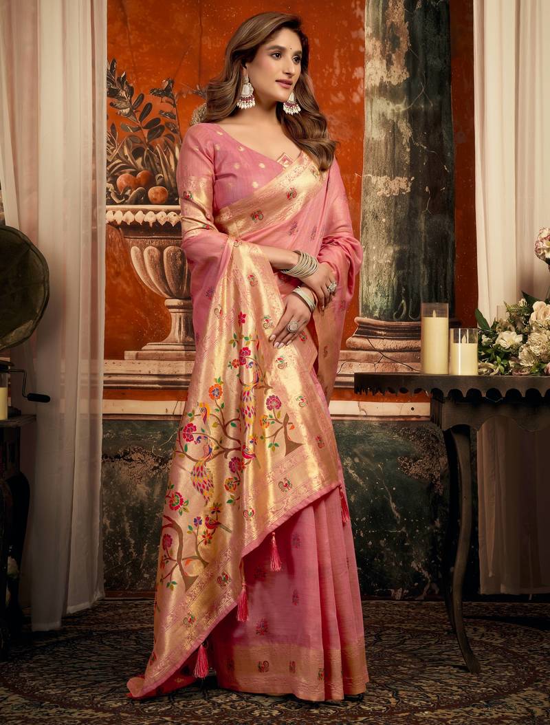 pink zari woven kota paithani traditional saree with blouse