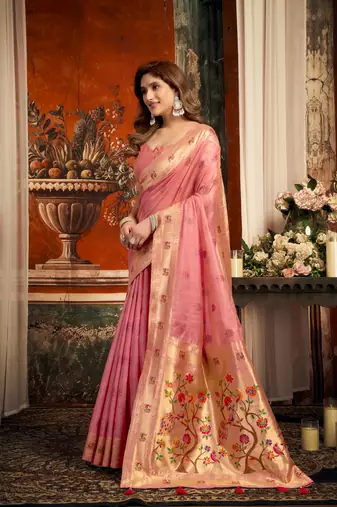 pink zari woven kota paithani traditional saree with blouse
