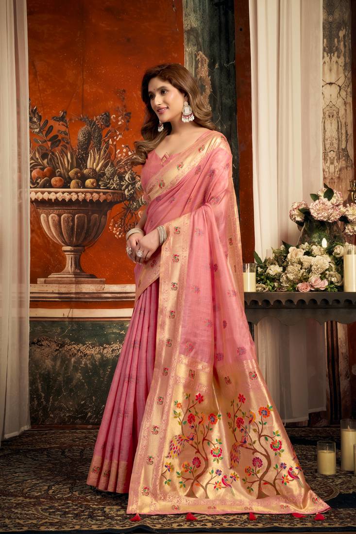 pink zari woven kota paithani traditional saree with blouse