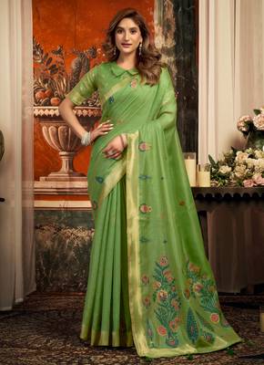 green zari woven cotton blend traditional saree with blouse 1