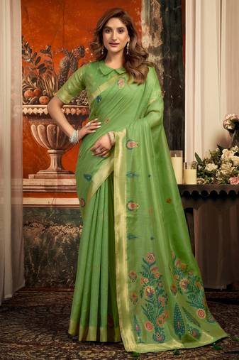 green zari woven cotton blend traditional saree with blouse