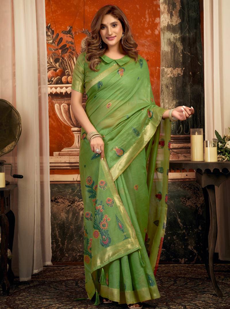 green zari woven cotton blend traditional saree with blouse