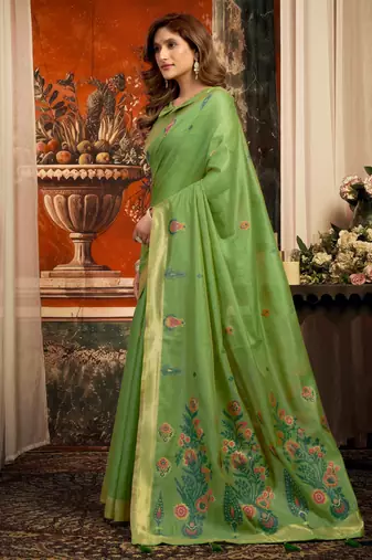 green zari woven cotton blend traditional saree with blouse
