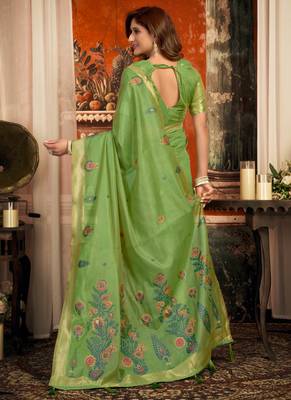 green zari woven cotton blend traditional saree with blouse 5