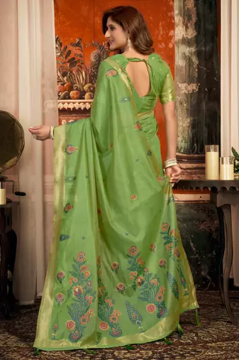green zari woven cotton blend traditional saree with blouse