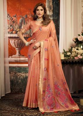 coral zari woven cotton blend traditional saree with blouse 1