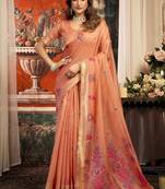 coral zari woven cotton blend traditional saree with blouse