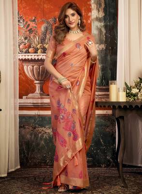 coral zari woven cotton blend traditional saree with blouse 2