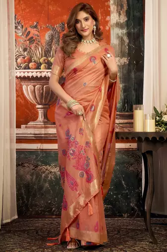 coral zari woven cotton blend traditional saree with blouse