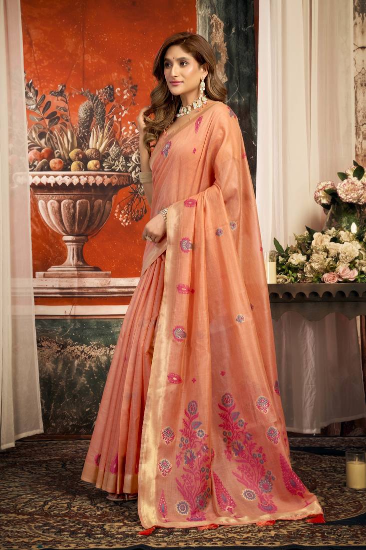 coral zari woven cotton blend traditional saree with blouse