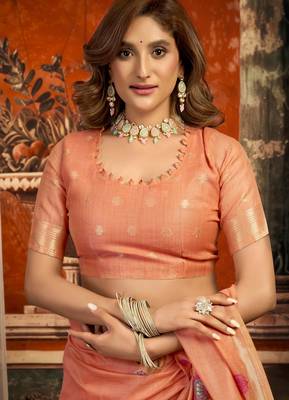 coral zari woven cotton blend traditional saree with blouse 4
