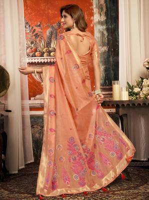 coral zari woven cotton blend traditional saree with blouse 5