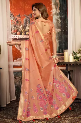 coral zari woven cotton blend traditional saree with blouse