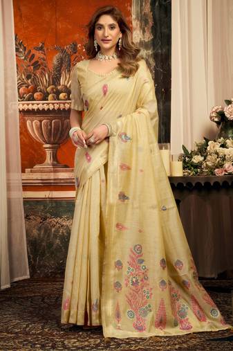 beige zari woven cotton blend traditional saree with blouse